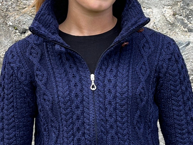 Irish Aran Ladies Zipper Long Cardigan / Jacket With Pockets 100% Pure Merino Wool Deep Water Blue / Navy Soft&Chunky MADE IN IRELAND image 2