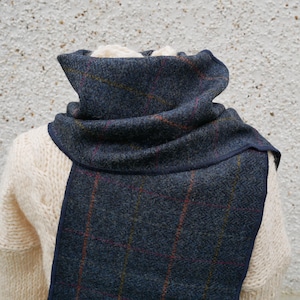 Irish tweed wool scarf-100% pure new wool - navy/blue herringbone & overcheck-hand fringed-ready for shipping-unisex-HANDMADE IN IRELAND