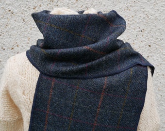 Irish tweed wool scarf-100% pure new wool - navy/blue herringbone & overcheck-hand fringed-ready for shipping-unisex-HANDMADE IN IRELAND