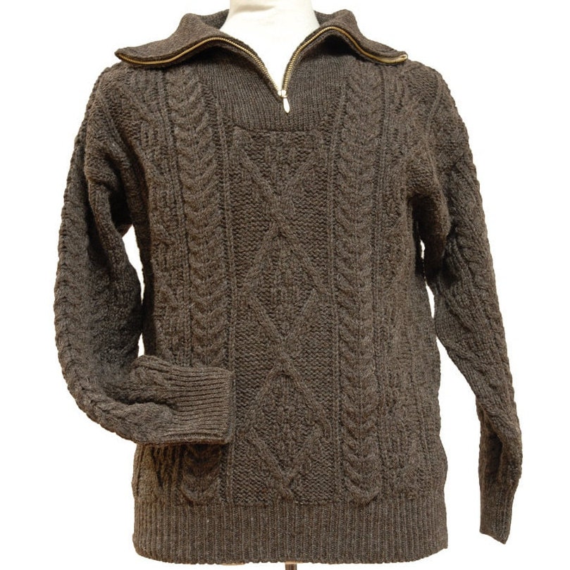 Organic Irish Wool Aran Half Zip Sweater - Dark Jacob - Undyed - 100% ...