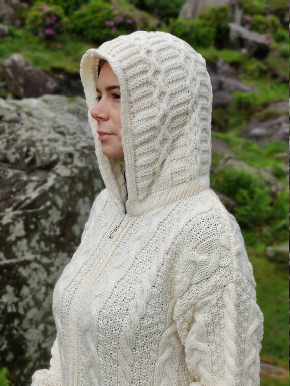 Irish Aran Long Hooded Cardigan With Pockets Cream 100% Pure New