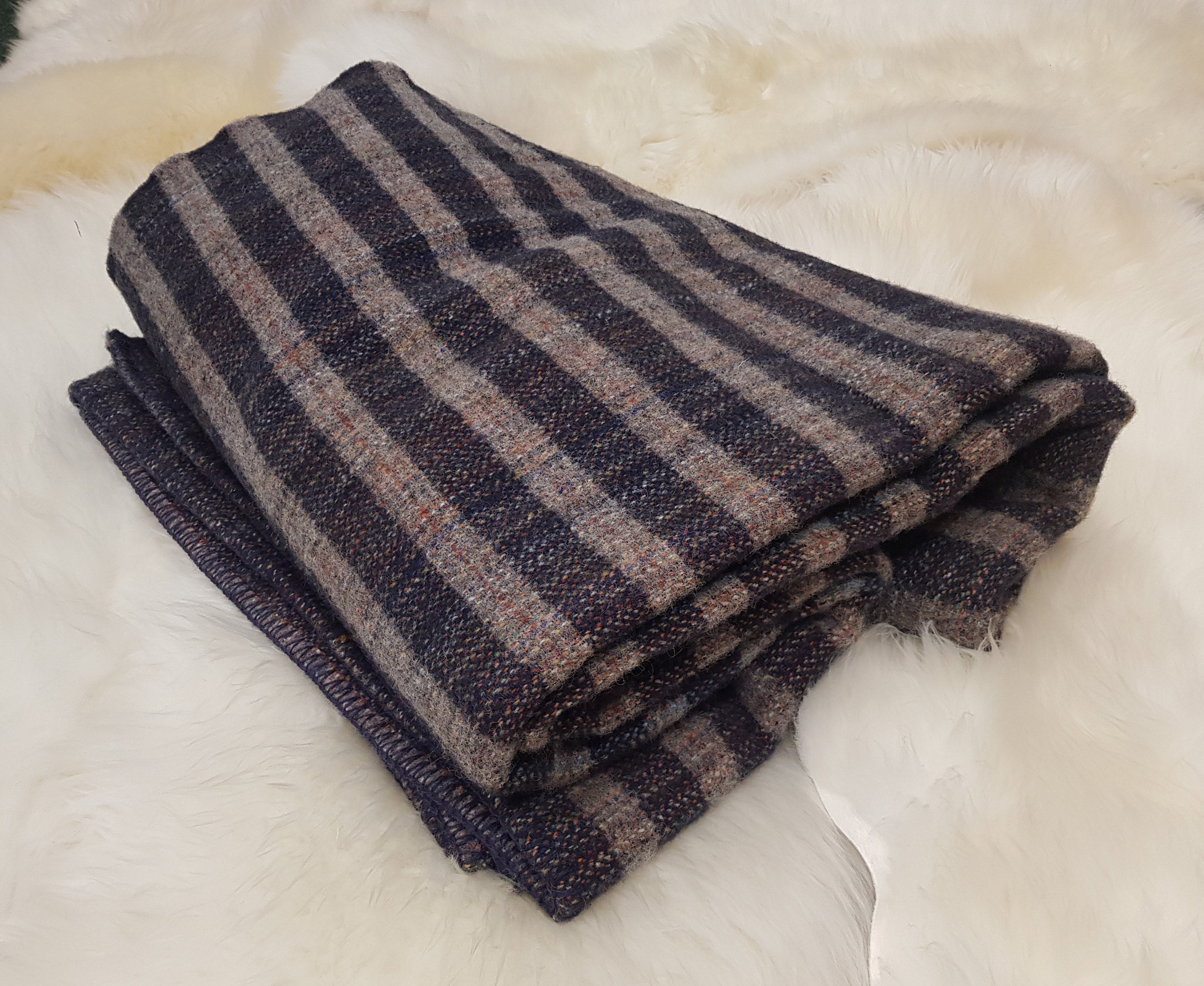 Pure new wool Queen size bed throw / blanket -chunky & heavy navy/grey