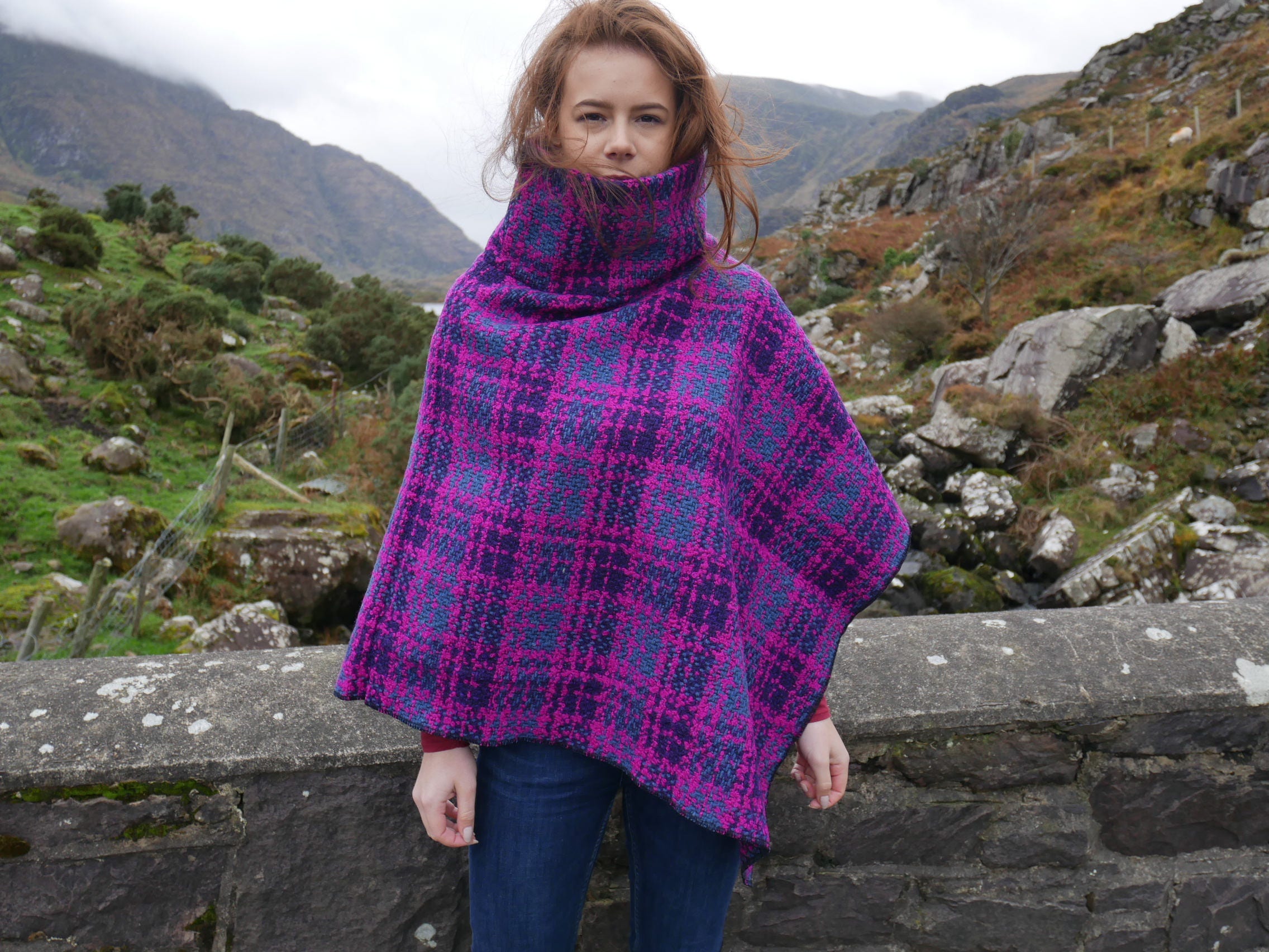 Irish tweed poncho/cape with turtleneck -100% wool-pink purple/navy ...