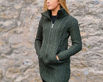 Irish Aran Ladies Zipper Long Cardigan / Jacket With Pockets - 100% Pure Merino Wool - Army Green - Soft & Chunky - MADE IN IRELAND