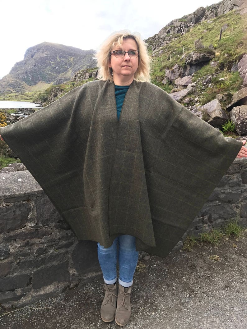 Irish Donegal Tweed Wool Ruana, Cape Green With Yellow Overcheck 100% Pure New Wool Limited Stock Unisex HANDMADE IN IRELAND image 4