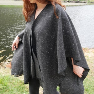 Irish Donegal Tweed Wool Ruana, Wrap , Rectangle Cape  - Speckled/Fleck Charcoal  - Salt & Pepper -100% Pure New Wool  - HANDMADE IN IRELAND