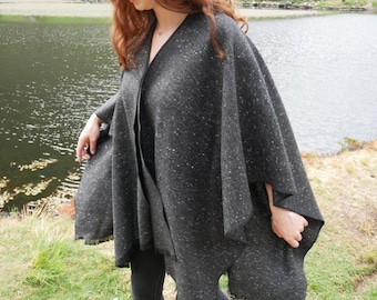 Irish Donegal Tweed Wool Ruana, Wrap , Rectangle Cape  - Speckled/Fleck Charcoal  - Salt & Pepper -100% Pure New Wool  - HANDMADE IN IRELAND