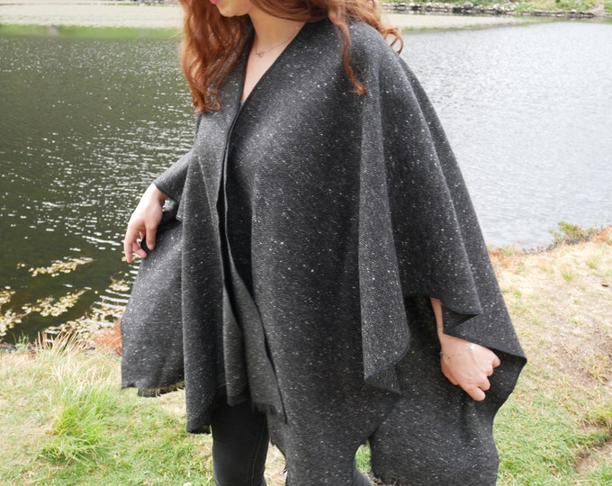 Irish Donegal Tweed Wool Ruana, Wrap , Rectangle Cape  - Speckled/Fleck Charcoal  - Salt & Pepper -100% Pure New Wool  - HANDMADE IN IRELAND