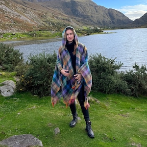 Hooded Supersoft Lambswool Cape, Ruana, Wrap , Shawl - 100% Pure New Wool - Multicolour Check - One Size Fits All - HANDMADE IN IRELAND image 4