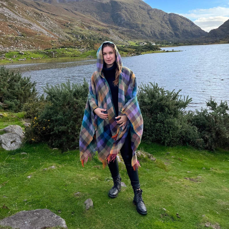 Hooded Supersoft Lambswool Cape, Ruana, Wrap , Shawl - 100% Pure New Wool - Multicolour Check - One Size Fits All - HANDMADE IN IRELAND image 4