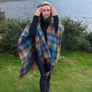Hooded Supersoft Lambswool Cape, Ruana, Wrap , Shawl - 100% Pure New Wool - Multicolour Check - One Size Fits All - HANDMADE IN IRELAND image 9