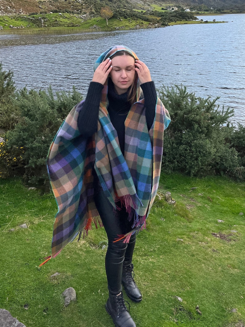 Hooded Supersoft Lambswool Cape, Ruana, Wrap , Shawl - 100% Pure New Wool - Multicolour Check - One Size Fits All - HANDMADE IN IRELAND image 9