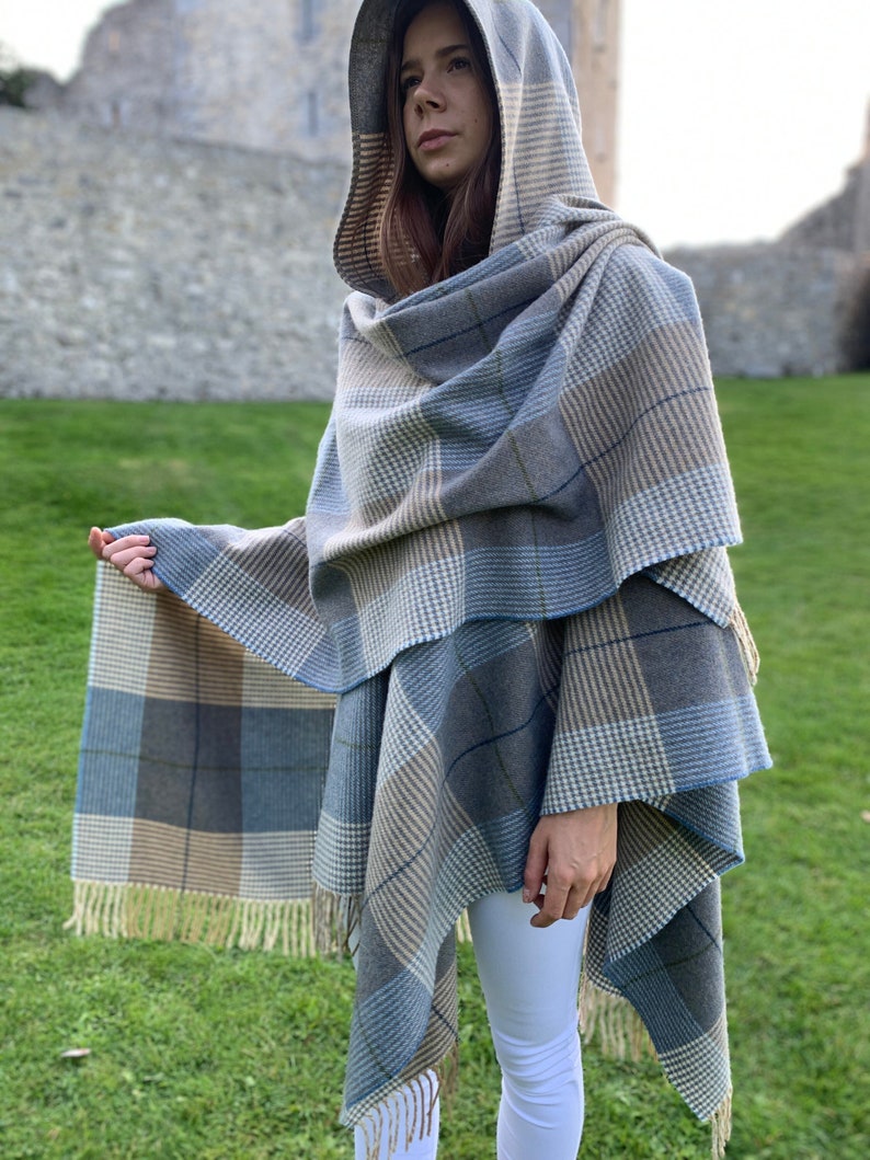 Hooded Supersoft Lambswool Cape, Ruana, Wrap , Shawl 100% Pure New Wool Cream Taupe Denim Check One Size Fits All HANDMADE IN IRELAND image 7