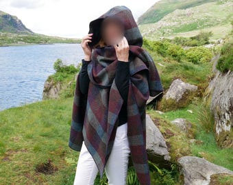 Irish Donegal Tweed Ruana - Burgundy & Green Check Heavy Wool Cape - Hooded or No Hood - Unisex, Handmade in Ireland