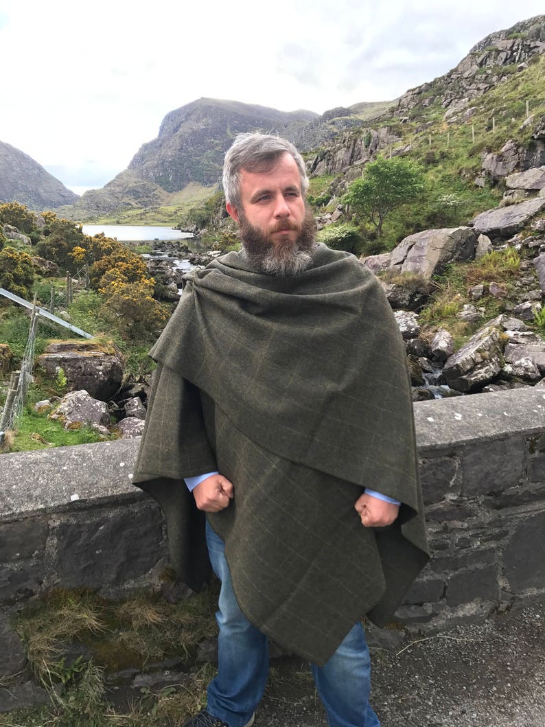 Irish Donegal Tweed Wool Ruana, Cape Green With Yellow Overcheck 100% Pure New Wool Limited Stock Unisex HANDMADE IN IRELAND image 2