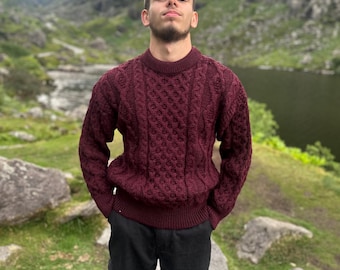 Men's Irish Aran Sweater, Burgundy Pure New Wool Fisherman Knit, Handmade in Ireland