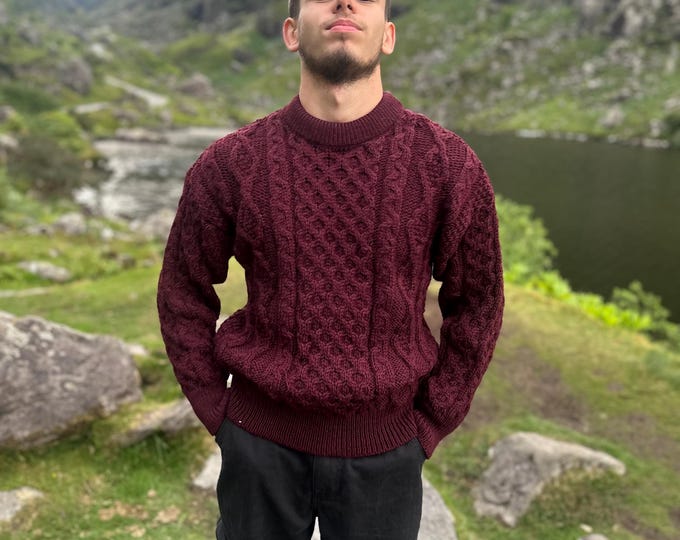 Men's Irish Aran Sweater, Burgundy Pure New Wool Fisherman Knit, Handmade in Ireland