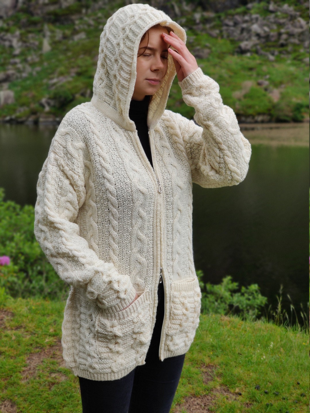 Irish Aran Long Hooded Cardigan With Pockets Cream 100% Pure New Wool Really Warm & Chunky Proper Aran MADE IN IRELAND - Etsy Irish Aran Long Hooded Cardigan With Pockets Cream 100% Pure New Wool Really Warm & Chunky Proper Aran MADE IN IRELAND - Etsy