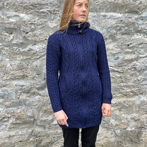 Irish Aran Ladies Zipper Long Cardigan / Jacket With Pockets 100% Pure Merino Wool Deep Water Blue / Navy Soft&Chunky MADE IN IRELAND image 6