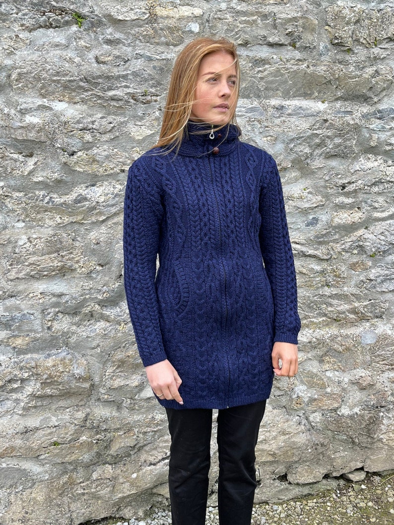 Irish Aran Ladies Zipper Long Cardigan / Jacket With Pockets 100% Pure Merino Wool Deep Water Blue / Navy Soft&Chunky MADE IN IRELAND image 6