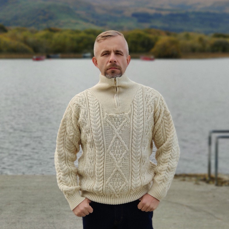 Organic Irish Wool Aran Half Zip Sweater Cream Undyed 100% Pure New Wool Chunky & Heavy Proper Aran Sweater MADE IN IRELAND image 2