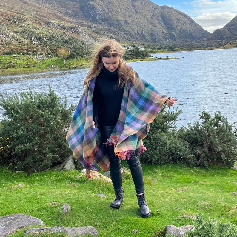 Hooded Supersoft Lambswool Cape, Ruana, Wrap , Shawl - 100% Pure New Wool - Multicolour Check - One Size Fits All - HANDMADE IN IRELAND image 10
