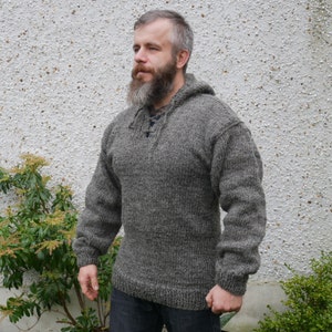Authentic Irish Fisherman sweater -hooded -ribbed pattern-grey- 100% raw wool -hand spoon yarn -unprocessed -UNDYED -Hand knitted in Ireland