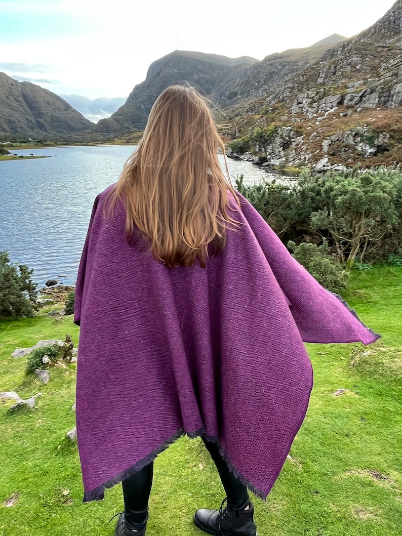 Irish Donegal Tweed Hooded Ruana, Wrap, Cape, Cloak, Robe - Purple Wine Herringbone - 100% Pure New Wool - Speckled - HANDMADE IN IRELAND image 8