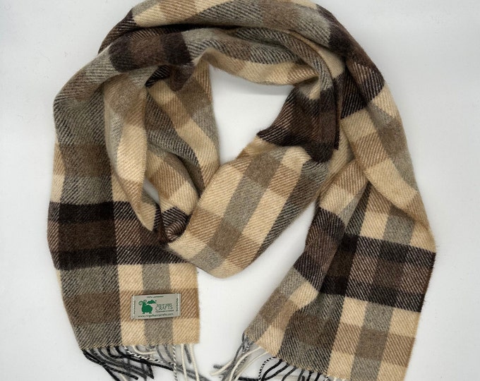 Handcrafted Irish Lambswool Scarf - Luxurious Warmth, Timeless Elegance in Camel, Beige, and Rich Brown Plaid - MADE IN IRELAND