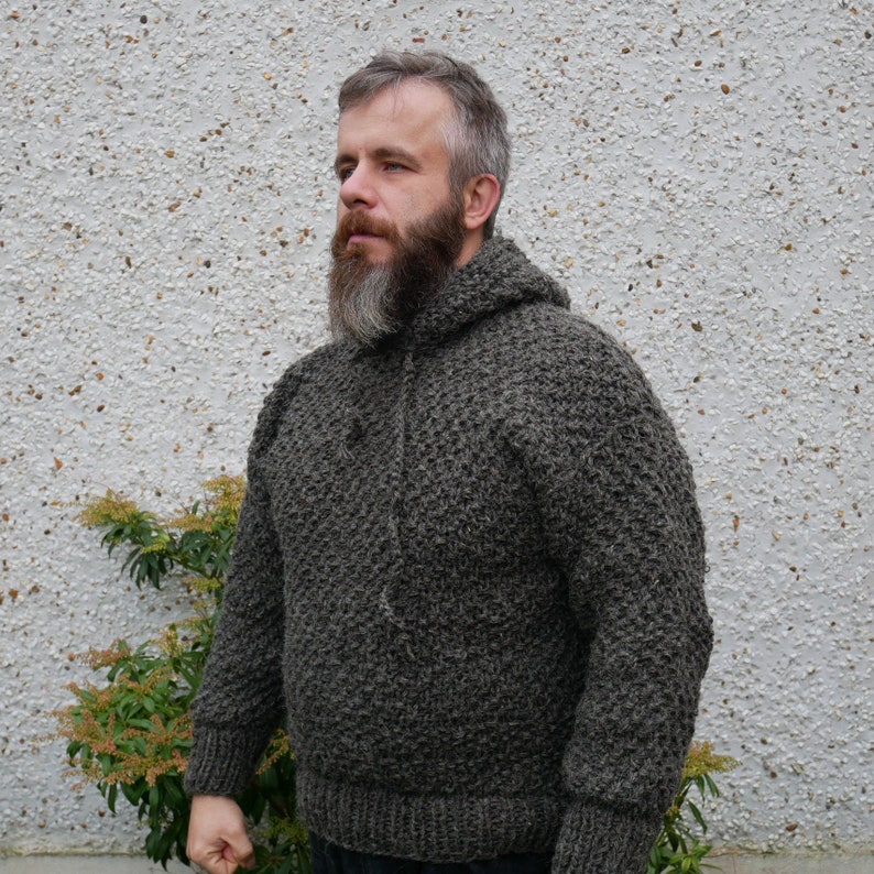 Irish Medieval sweater hooded dragon scale pattern 100% raw wool-organic-hand spun wool yarn UNDYED grey Hand knitted in Ireland image 1