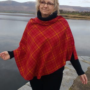 3in1-Irish Woven Wool Poncho,cape&shawl-100% wool-red/yellow tartan-2 shapes available-ready for shipping-Handmade in Ireland