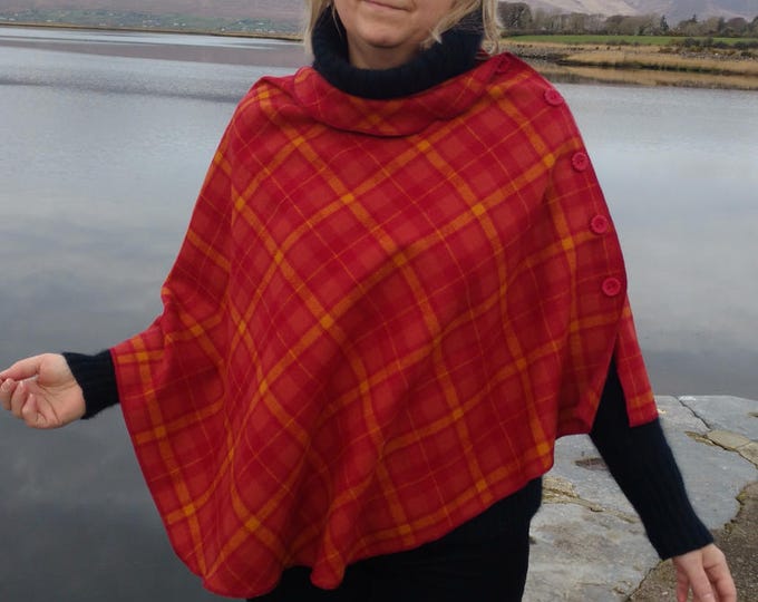 3in1-Irish Woven Wool Poncho,cape&shawl-100% wool-red/yellow tartan-2 shapes available-ready for shipping-Handmade in Ireland