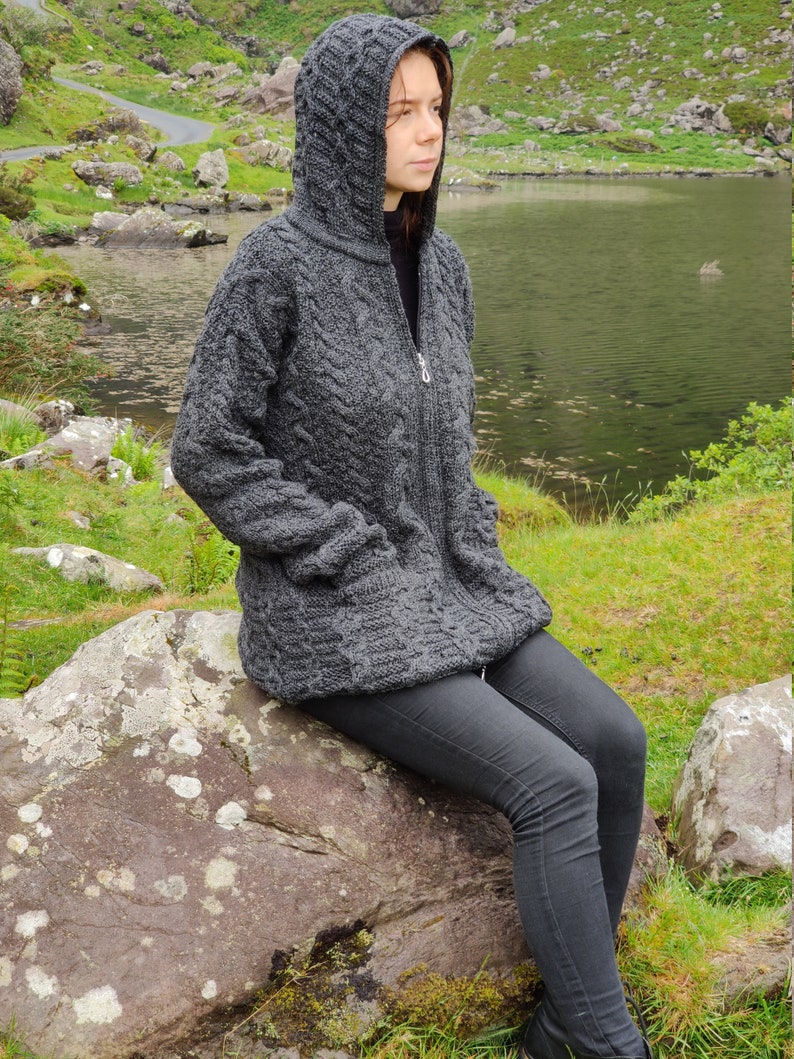 Irish Aran Long Hooded Cardigan With Pockets Charcoal 100% Pure New Wool / Pure Soft Merino Wool Really Warm & Chunky MADE IN IRELAND image 3