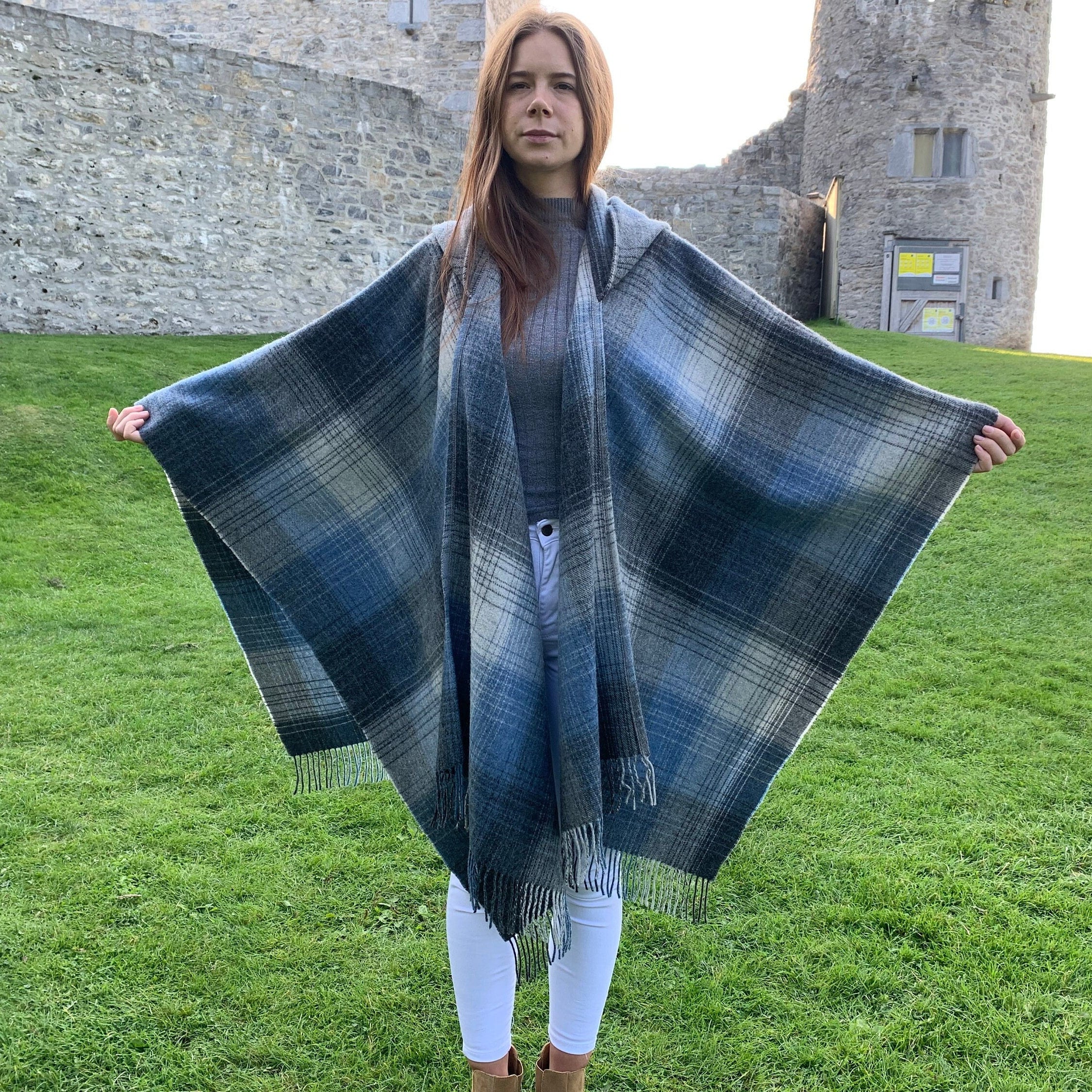 Hooded Irish Pure Lambswool Cape, Ruana, Wrap , Shawl - 100% Pure New Wool  - Grey Denim Check - Supersoft - HANDMADE IN IRELAND