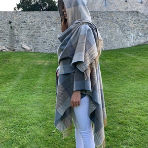 Hooded Supersoft Lambswool Cape, Ruana, Wrap , Shawl 100% Pure New Wool Cream Taupe Denim Check One Size Fits All HANDMADE IN IRELAND image 10