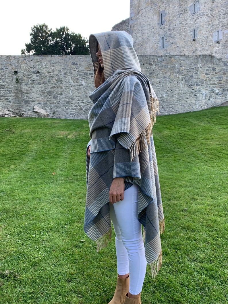 Hooded Supersoft Lambswool Cape, Ruana, Wrap , Shawl 100% Pure New Wool Cream Taupe Denim Check One Size Fits All HANDMADE IN IRELAND image 10