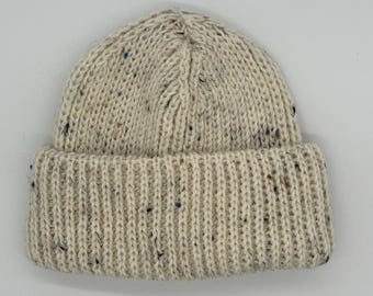Handloomed Pure New Wool Beanie - Unisex, Cream with Fleck, Donegal Yarn