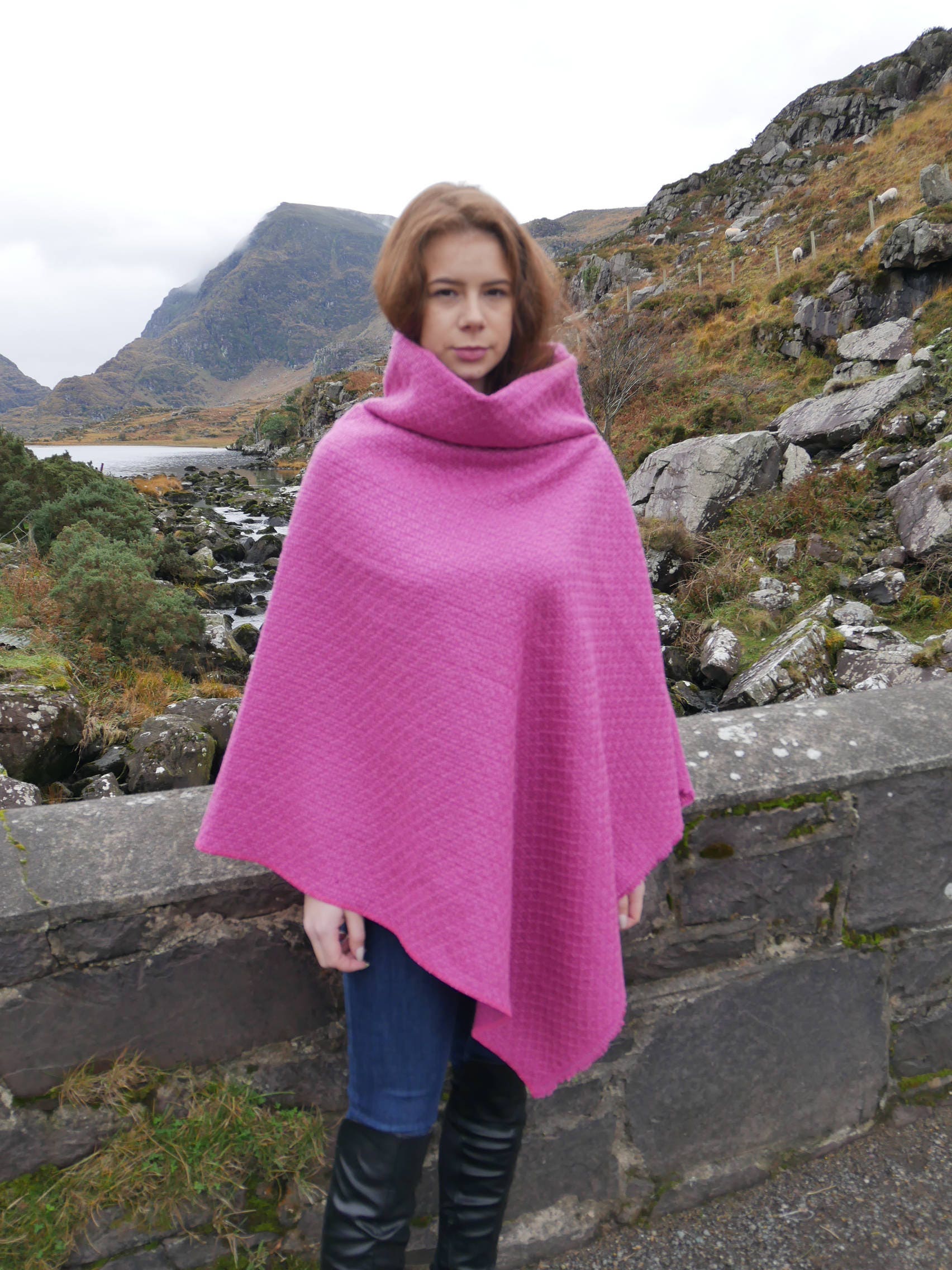 Irish tweed poncho/cape with turtleneck -100% wool - pink - heavy ...