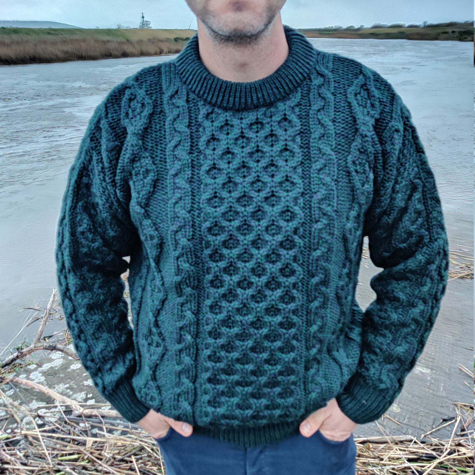 Pullover Uomo SAOL Maglione 100% Lana Merino Fisherman, Collo A