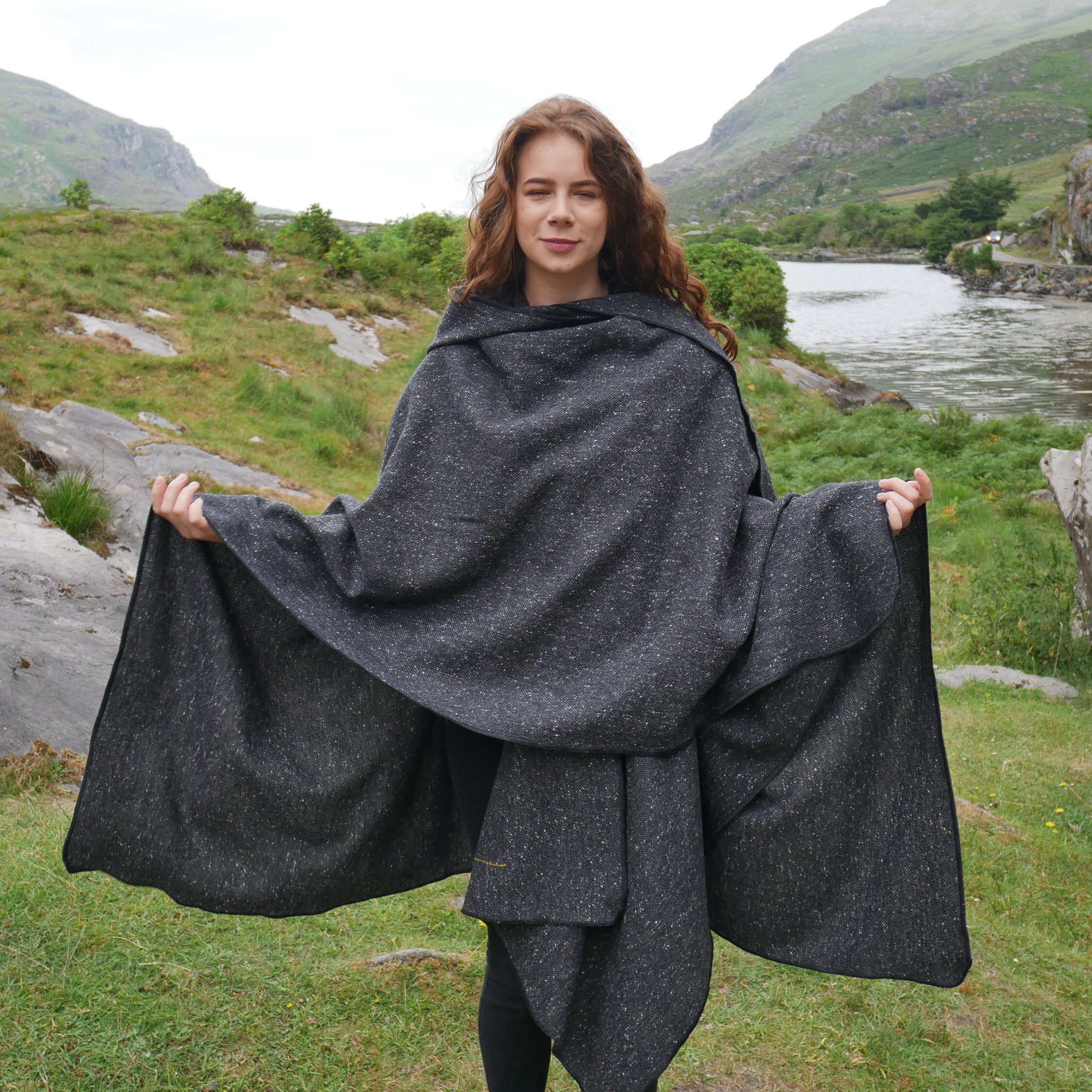 Irish Donegal Tweed Hooded Ruana Wrap Cape Black/ -  Canada