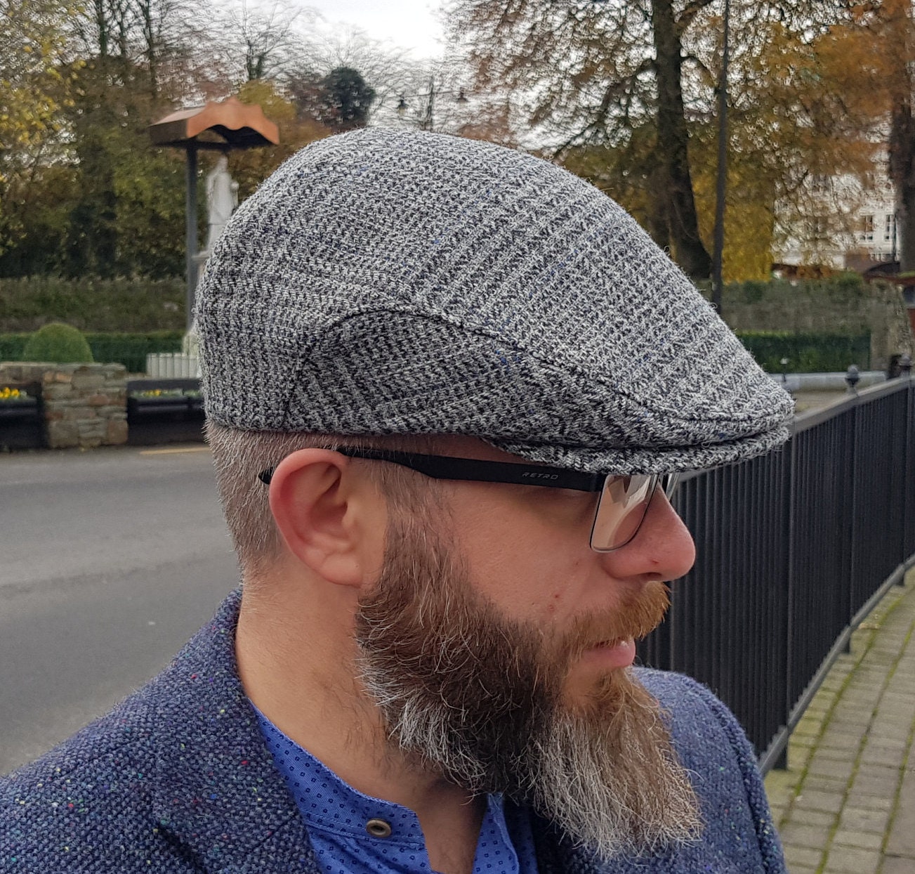 Traditional Irish tweed Flat Cap -Paddy Cap- Grey/Blue Tartan /Plaid ...