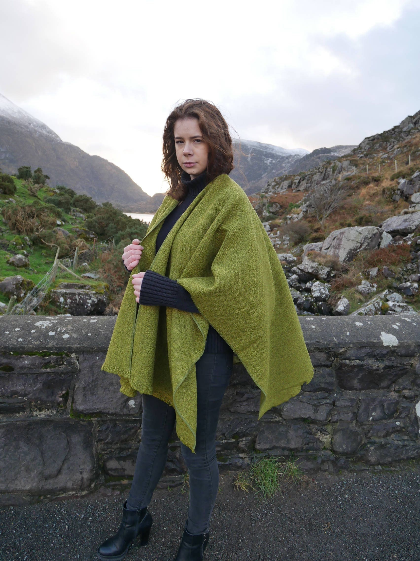 Irish Tweed Wool Ruana, Wrap, Cape, Rectangle Cloak - Lime/Olive Green ...