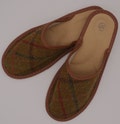 Womens Irish tweed & leather slippers - mustard green with  green/red/brown check - MADE IN IRELAND product logo