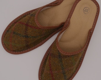 Womens Irish tweed & leather slippers - mustard green with  green/red/brown check - MADE IN IRELAND