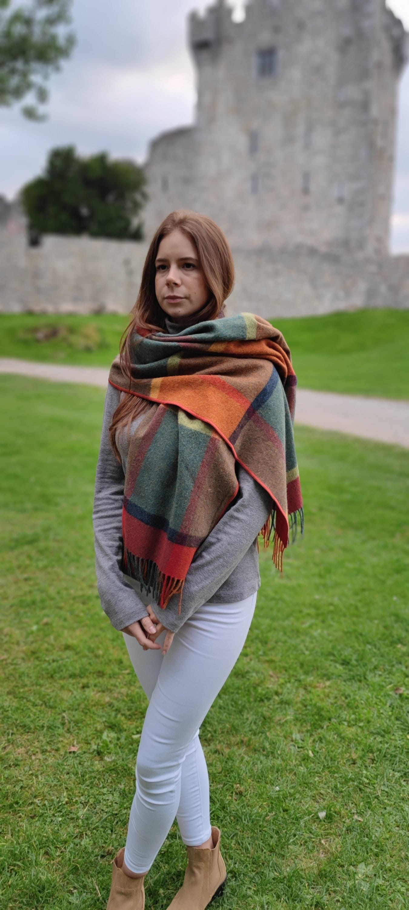 Irish Soft Lambswool Shawl, Blanket Scarf, Stole - Orange/Green/Yellow/Wine  Check - 100% Wool - 71X20(180cm x 50cm) - HANDMADE IN IRELAND