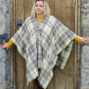 Burette Silk Summer/Spring Ruana Wrap - Yellow Teal Grey Brown Plaid Check Tartan - Perfect For Sensitive Skin - HANDMADE IN IRELAND