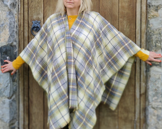 Burette Silk Summer/Spring Ruana Wrap - Yellow Teal Grey Brown Plaid Check Tartan - Perfect For Sensitive Skin - HANDMADE IN IRELAND