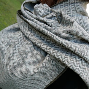 Irish tweed wool shawl, oversized scarf, stole - forest green/white herringbone - 100% wool - ready for shipping - HANDMADE IN IRELAND