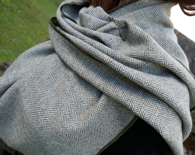 Irish tweed wool shawl, oversized scarf, stole - forest green/white herringbone - 100% wool - ready for shipping - HANDMADE IN IRELAND