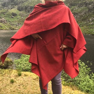 Irish tweed wool ruana, wrap, cape, coat, arisaid- red - lightweight fabric - 100% wool - ready for shipping - HANDMADE IN IRELAND